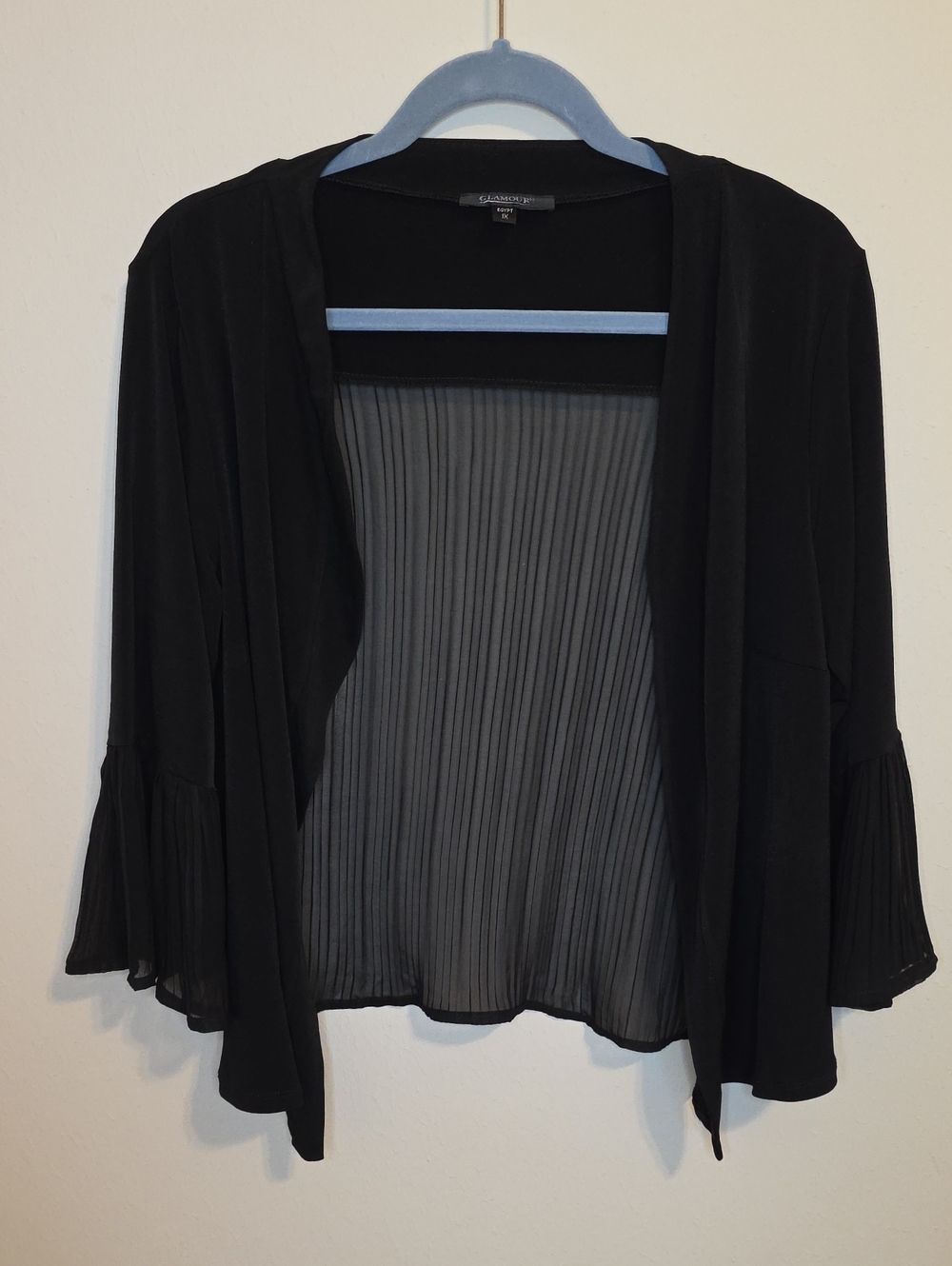 Glamour Black Open-Front Cardigan with Pleated Back and Flounced Sleeves